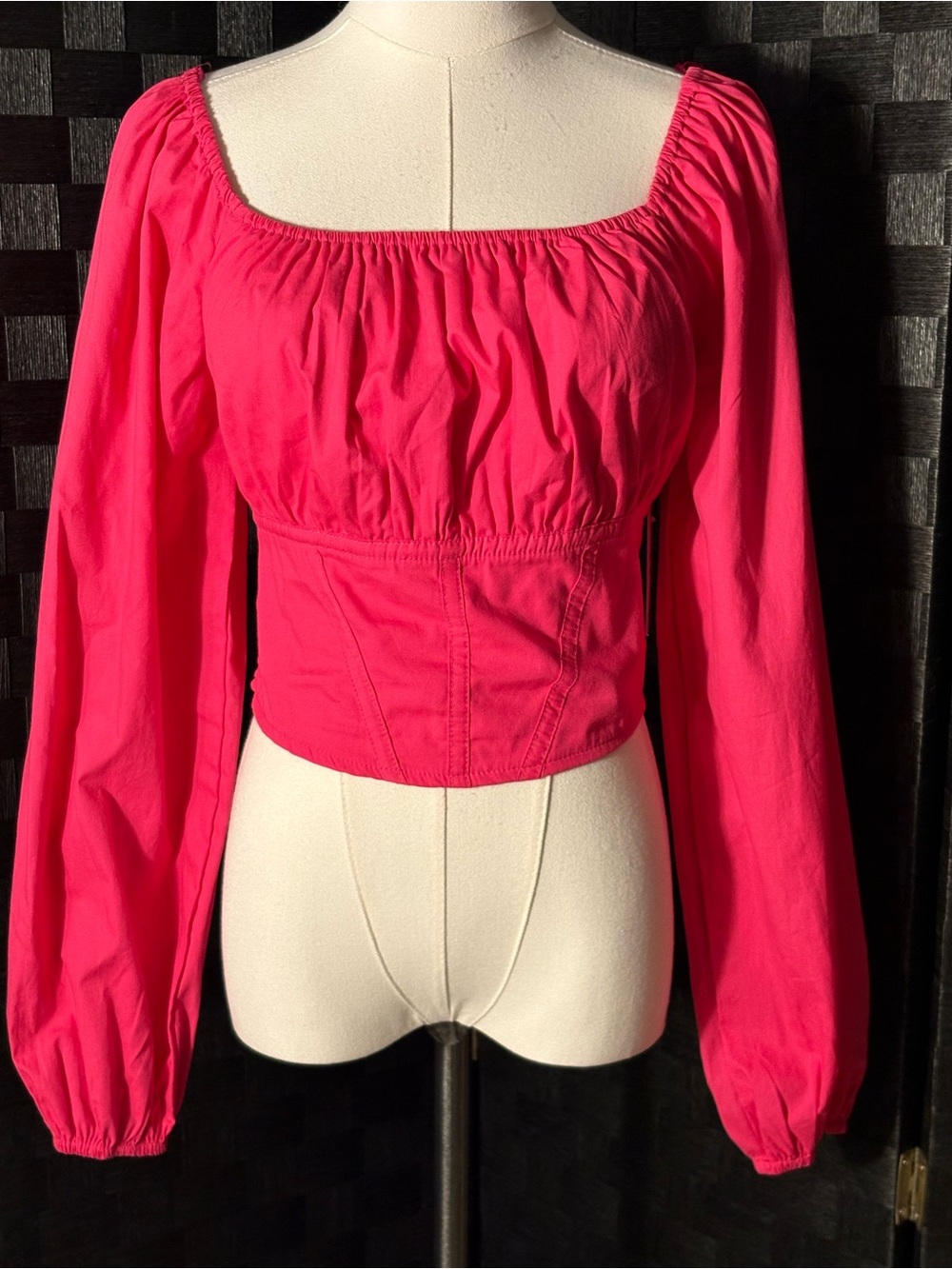 Japna Pink Corset Crop Top Puff Sleeve Ruched Square Neck